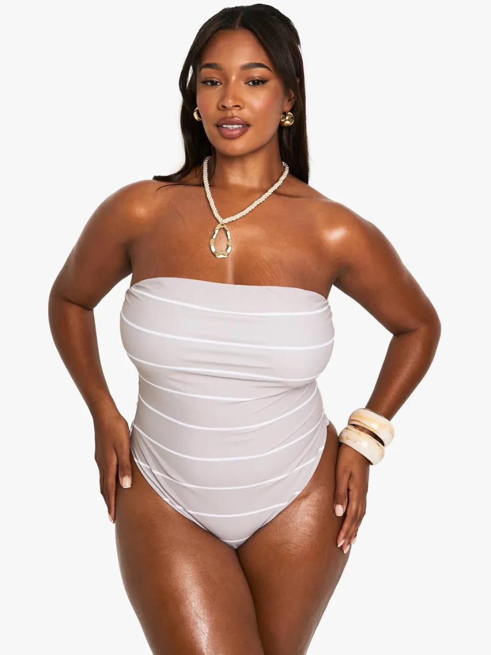 boohoo Dames Plus Swimwear Essentials Stripe Bandeau Zwempak steen, foto 3