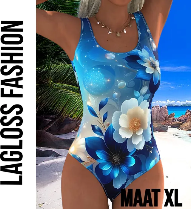 LaGloss Eendelig Blauw-Witte Bloemen Dames Badpak met Open Rug - Sexy Zwempak – Badkleding – Strandmode – Beach Fashion –