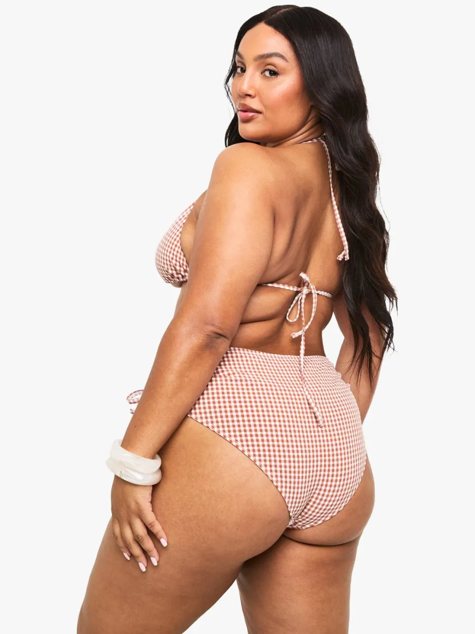 boohoo Dames Plus Seersucker Gingham Geruched Hoge Taille Slip chocoladebruin, foto 2