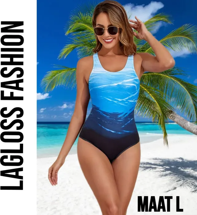 LaGloss Eendelig Oceaan Blauw Gradient Badpak Dames – Sportief - Zwempak met Kruisbandjes – Beach Fashion – Strandmode – Zwart