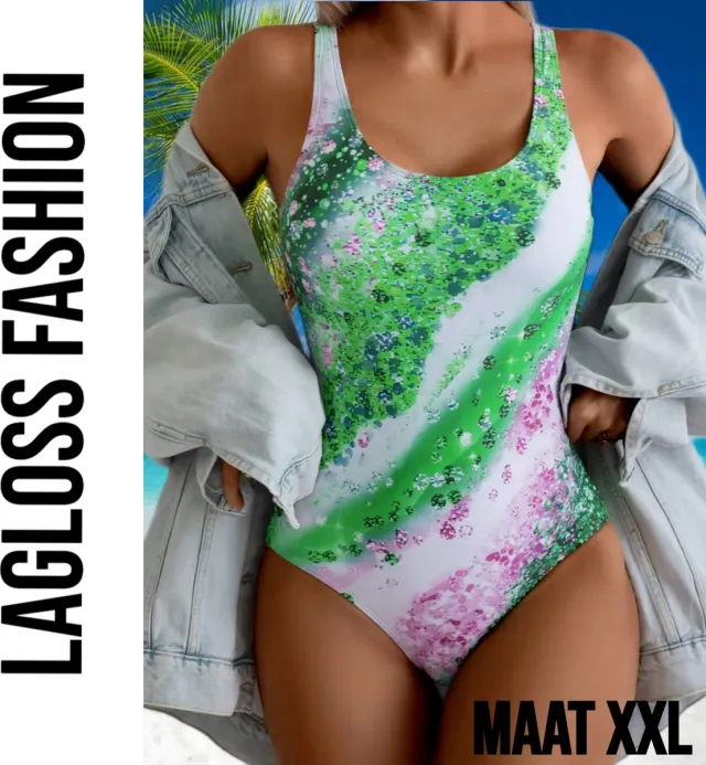 LaGloss Ombre Groen Bloemenprint Dames Badpak - Vierkante Hals - Open Rug - Zomers – Strandmode – Beach fashion –