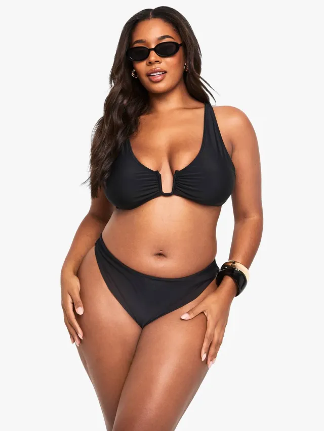 boohoo Dames Plus Zwemkleding Essentials Hoge Taille Slip Zwart