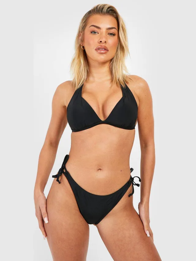 boohoo Dames Push-up driehoek bikini top & zij-tie bikini bottoms set zwart, foto 3