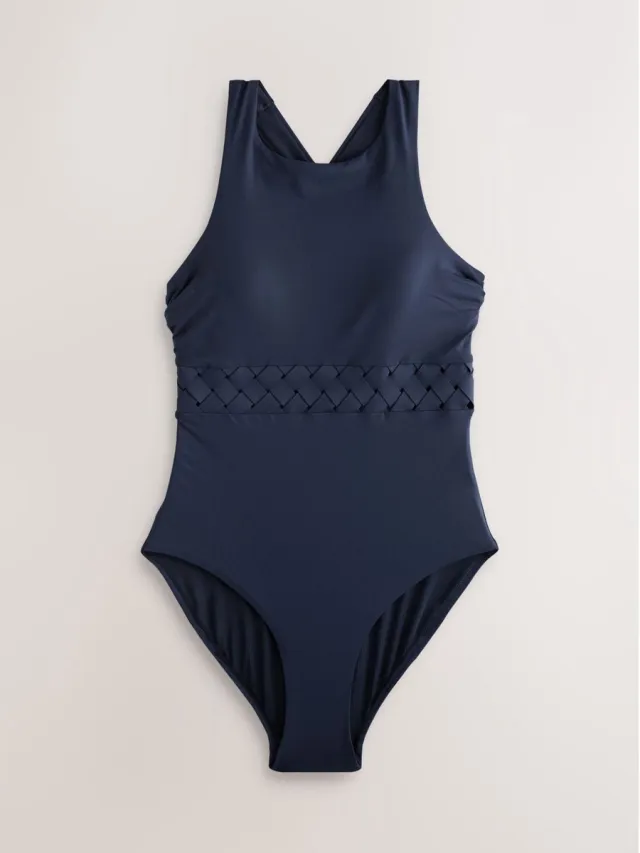 Next Dames - Badpak met hoge hals en traliewerk voor buikcorrectie - Blauw Navy Blue