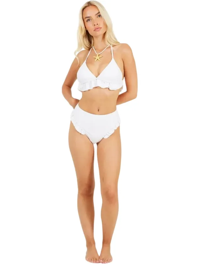 Brave Soul Bikinibroekjes met ruches en hoge taille voor dames (Wit)