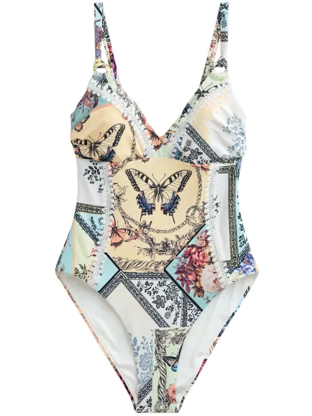 Next Dames - Diep uitgesneden badpak - Groen Cream/Yellow Floral