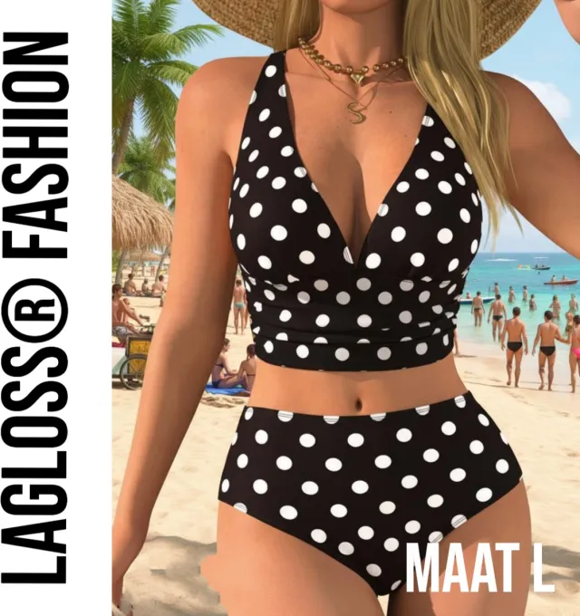LaGloss Zwart-Wit Stippen Bikini Set – Tweedelig Dames Badpak met Tijdloos Polkadot Design –