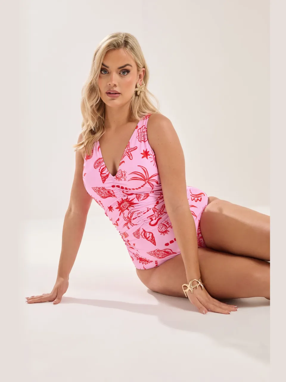 Yours Roze Badpak Met Schelpenprint, Ruches En Diepe Halslijn Pink