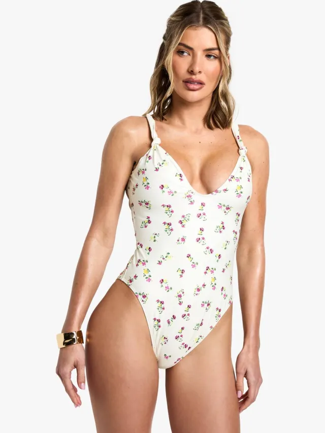 boohoo Dames Bedrukte badpak met knoopdetail Crème