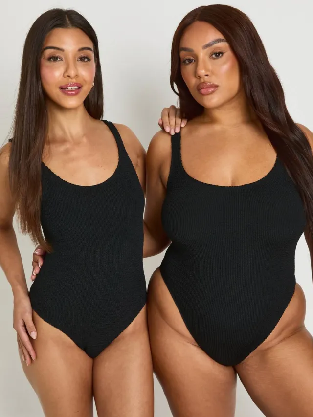 boohoo Dames Premium Universeel Crinkle Badpak Met Ronde Hals Zwart