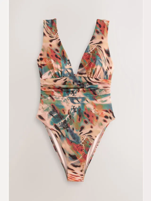 Next Dames - Diepuitgesneden buikbedekkend badpak - Dierenprint Teal/Pink Metallic Animal