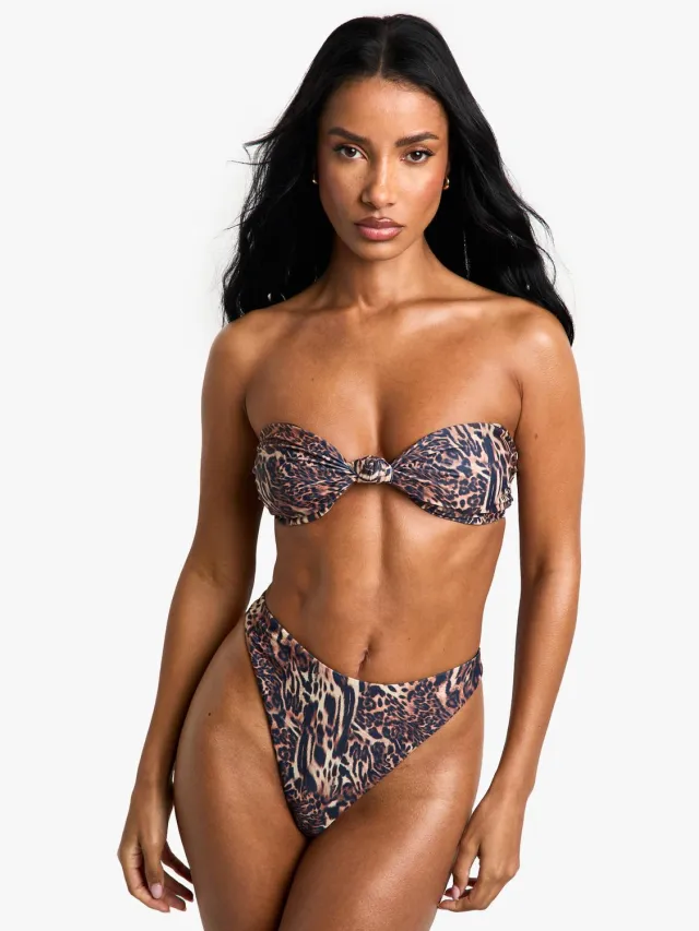 boohoo Dames Petite Swimwear Essentials Luipaard Bandeau Bikini Top Bruin