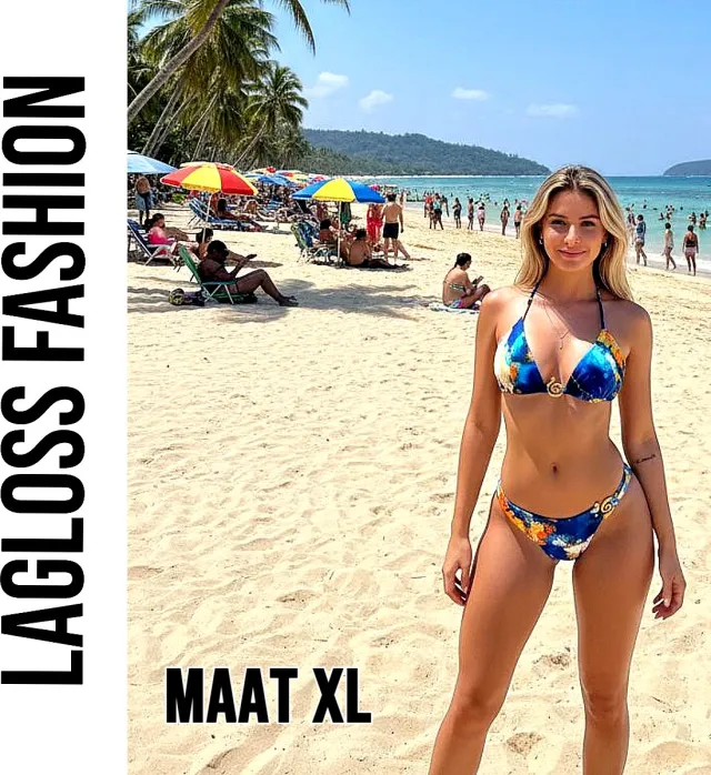 LaGloss 2-delig Dames Bikini Set met Oceaanblauw Aquarelprint – Haltertop – Diepe V-hals – Goud Detail – Strandmode – Beach Fashion –