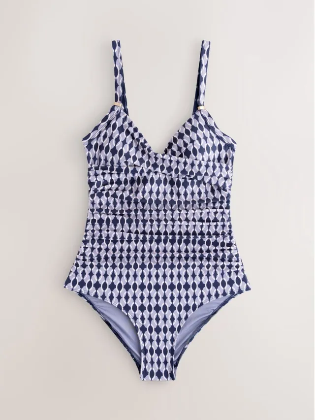 Next Dames - Vormgevend badpak met buikcorrectie - Tall - Blauw Navy Blue Geometric