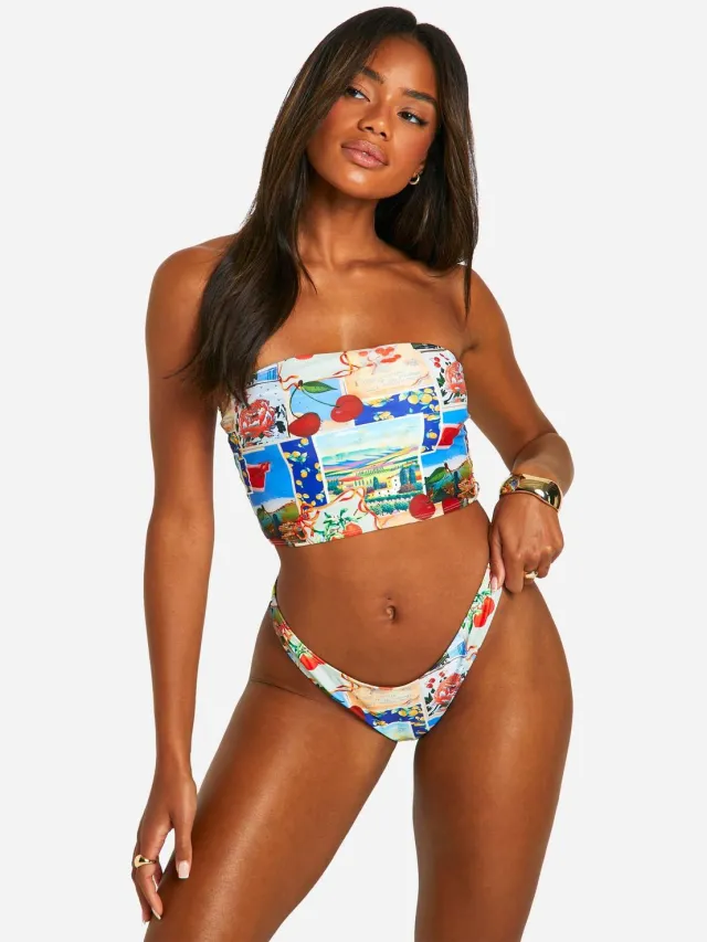 boohoo Dames Postcard-print bikini-broekjes met hoge pijpen Multicolor