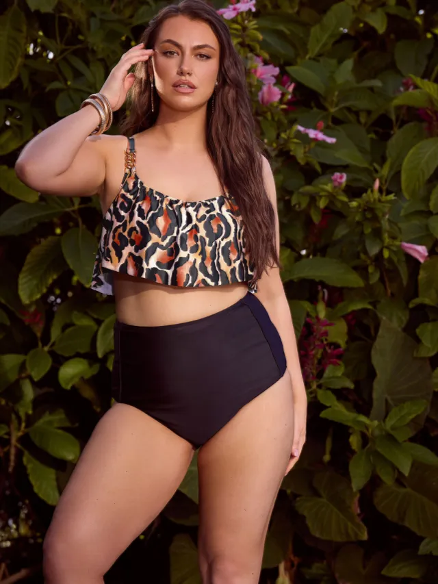 Yours Bruine Bikinitop Met Luipaardprint En Ruches, foto 2
