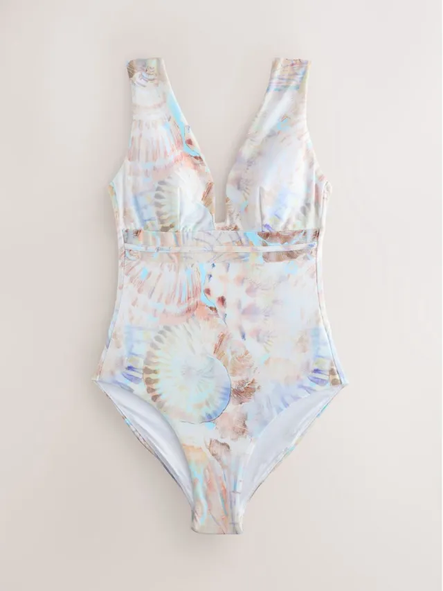 Next Dames - Buikcorrigerend badpak met lage hals - Blauw Pastel Blue Shell