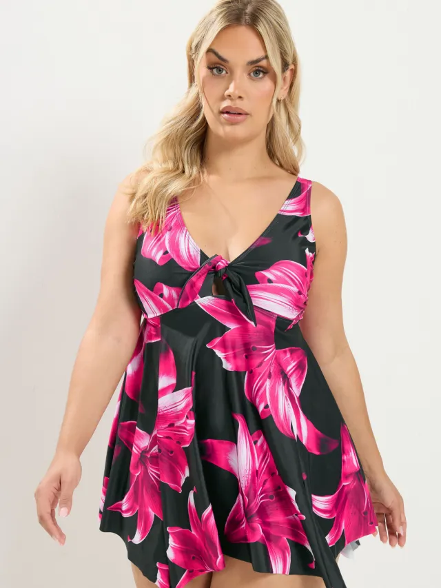 Yours Zwarte Tankinitop Met Bloemenprint En Knoopdetail Aan De Voorkant Black