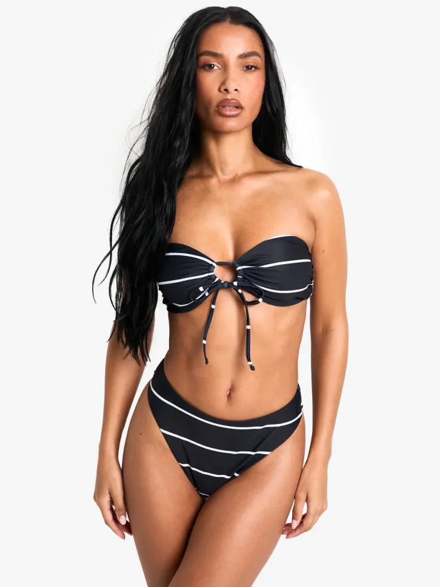 boohoo Dames Swimwear Essentials Stripe High Waist Brief Zwart