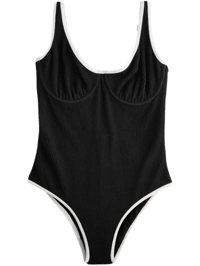 Next Dames - Buikcorrigerend DD+ badpak met beugel - Zwart Black Crinkle White Tipped