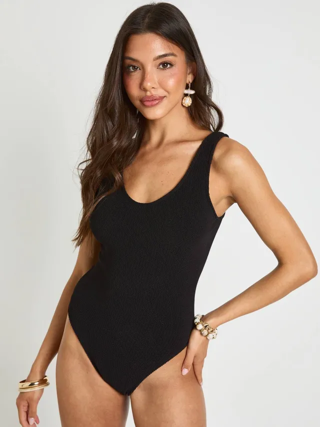 boohoo Dames Gestructureerd Badpak Met Ronde Hals Zwart