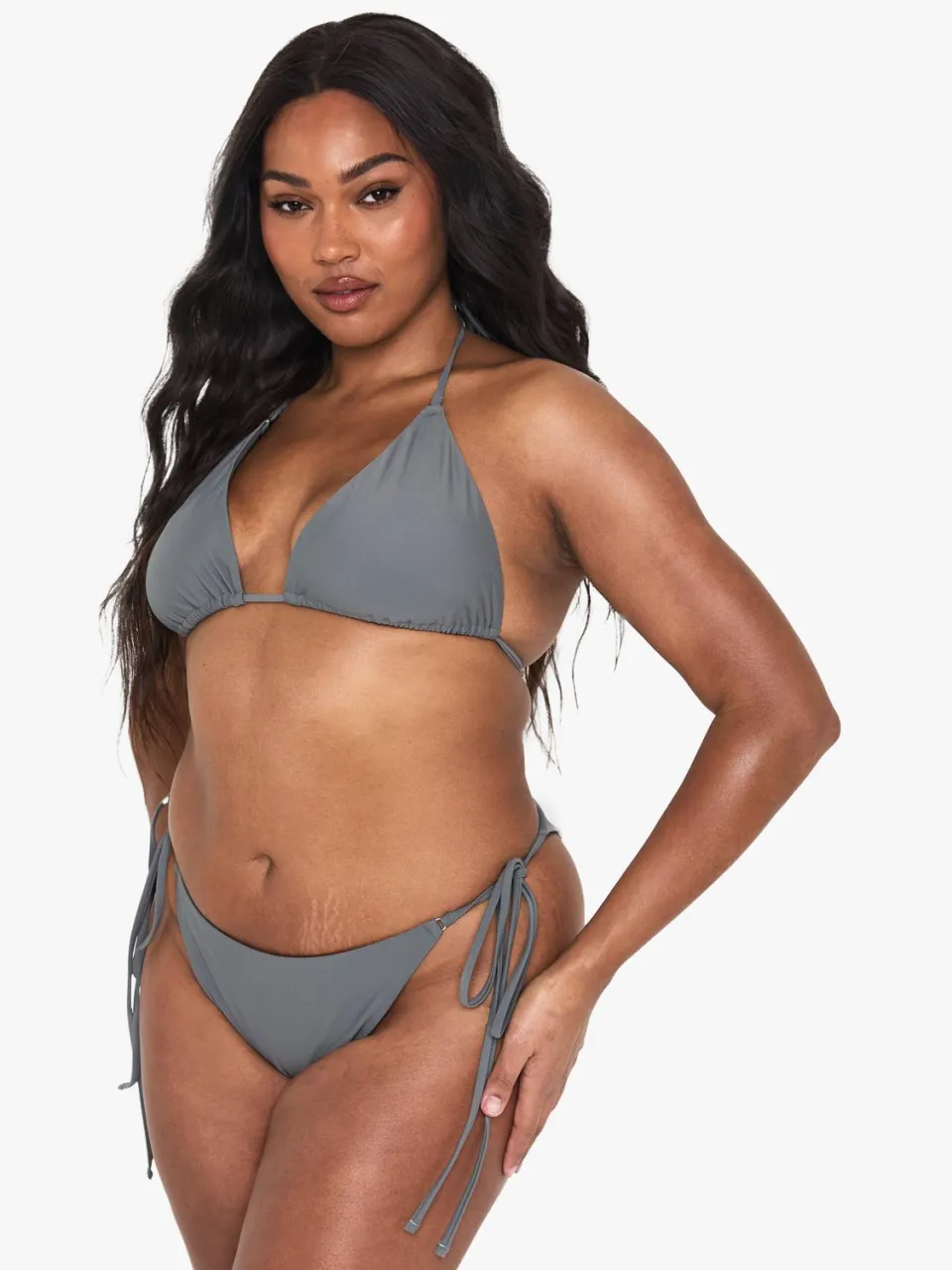 boohoo Dames Plus Bikini-onderstukken met zijtouwen en driehoekig ontwerp leisteen, foto 3