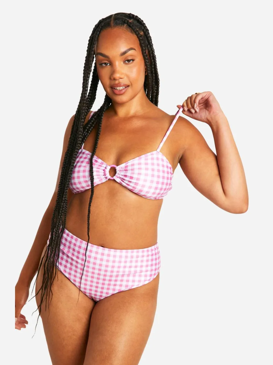 boohoo Dames Plus ruitjesprint high waist bikinislip roze, foto 2
