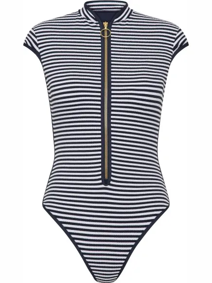 Seafolly Clubhouse Cap Sleeve Zip Front badpak blauw Grijs
