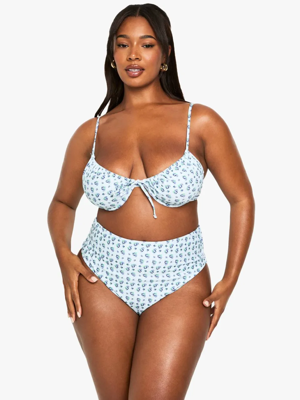 boohoo Dames Plus Gingham Bloemenprint Bikini Top met beugels babyblauw, foto 5