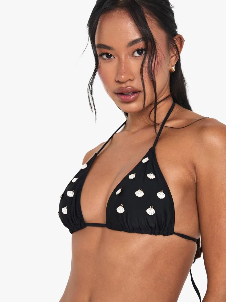 boohoo Dames Shell Trim Versierde Driehoek Bikini Top & Tanga Tie Zijonder Bottoms Bikini Set zwart, foto 3