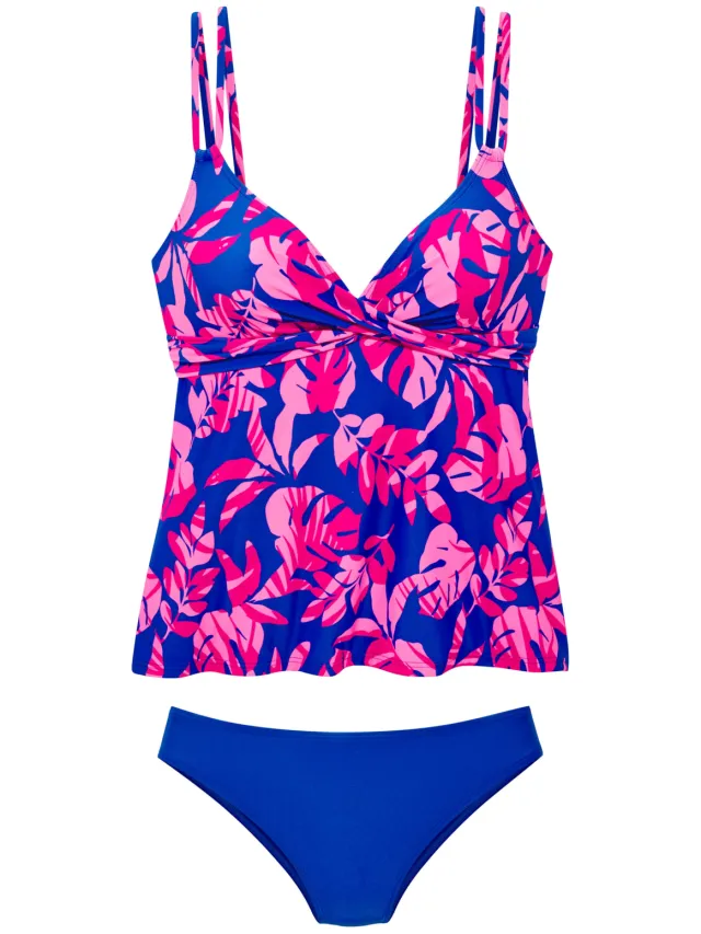 tankini met tropische bladerprint blauw roze, foto 2