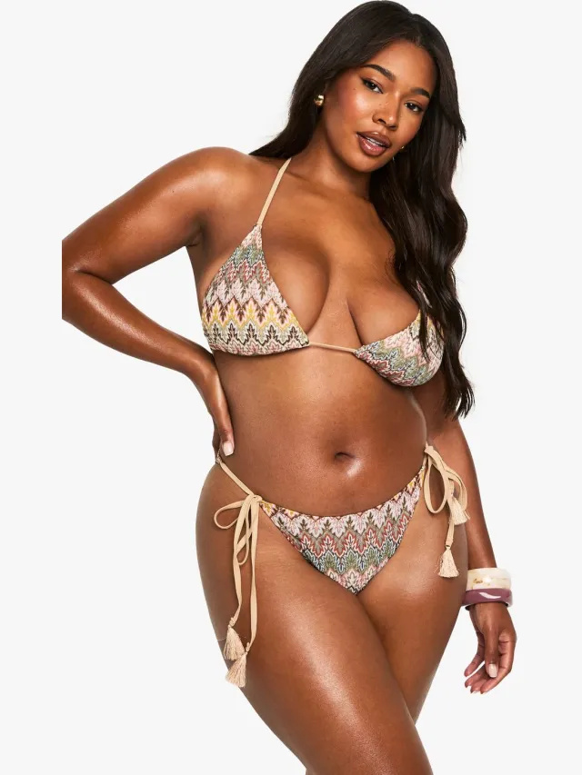 boohoo Dames PLUS ZIGZAG GEBREIDE BIKINI Multicolor