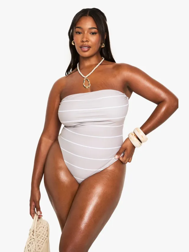boohoo Dames Plus Swimwear Essentials Stripe Bandeau Zwempak Steen