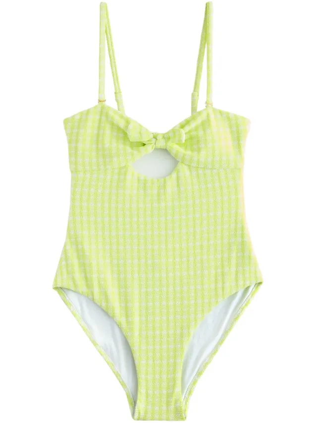 Next Dames - Bandeau-badpak met strik voorkant - Groen Lime Green Gingham Crinkle