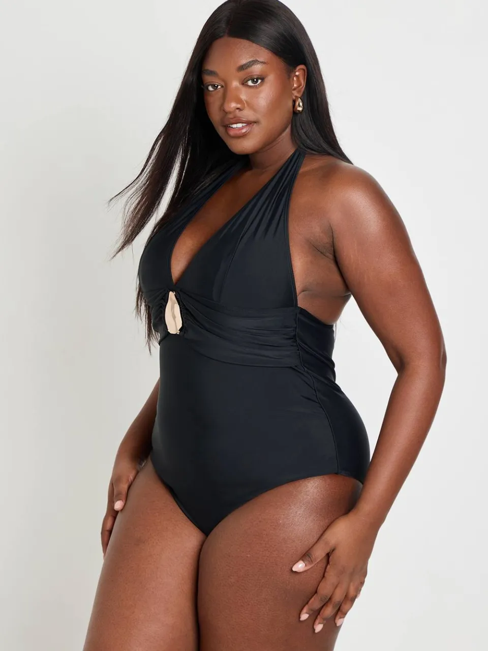 boohoo Dames Plus Badpak Met Diepe Halslijn En Goudkleurige Details Zwart