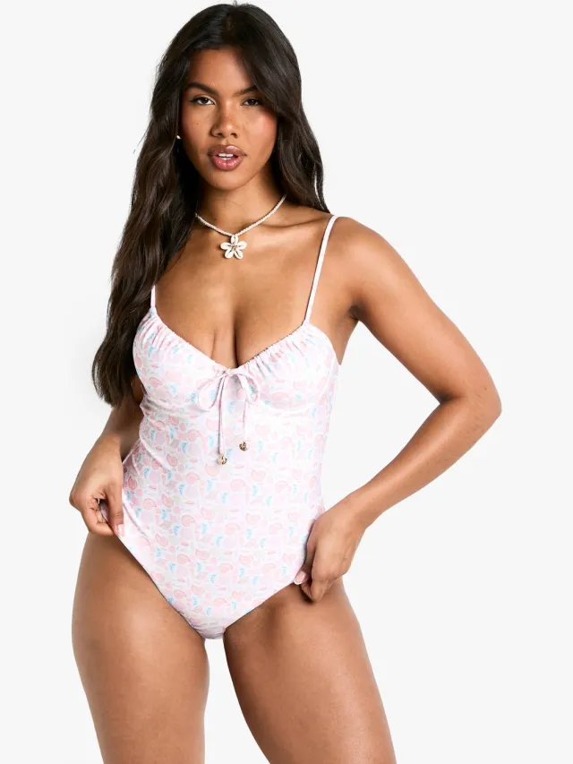 boohoo Dames Shell Print Pearl Trim Underwire Zwempak Crème