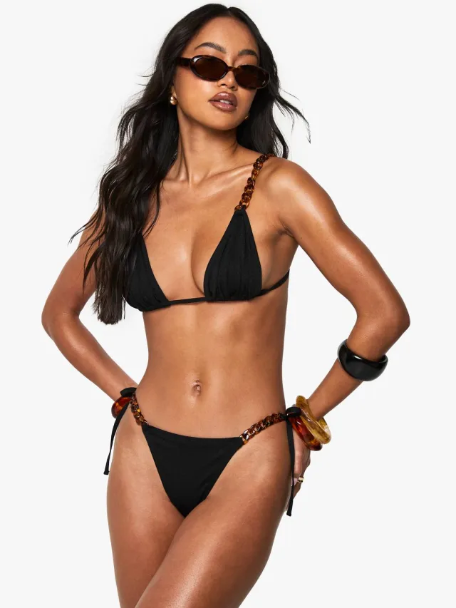 boohoo Dames Premium Swim Kettingriem Glitter Bikini Tie Side Bikini Slip Zwart