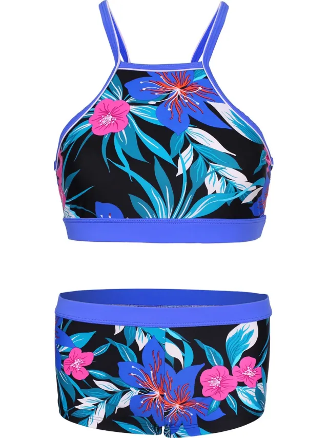 La V Bikini hipster broekje en crop top met racerback - Tropical flower bali 152-158 Multi color