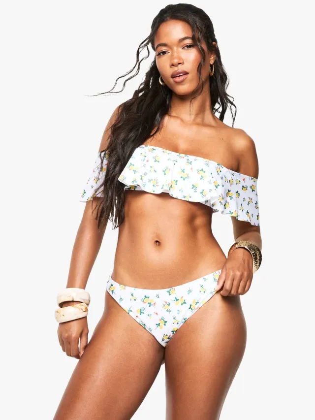boohoo Dames Bloemrijke geplooide bikini-slip Wit