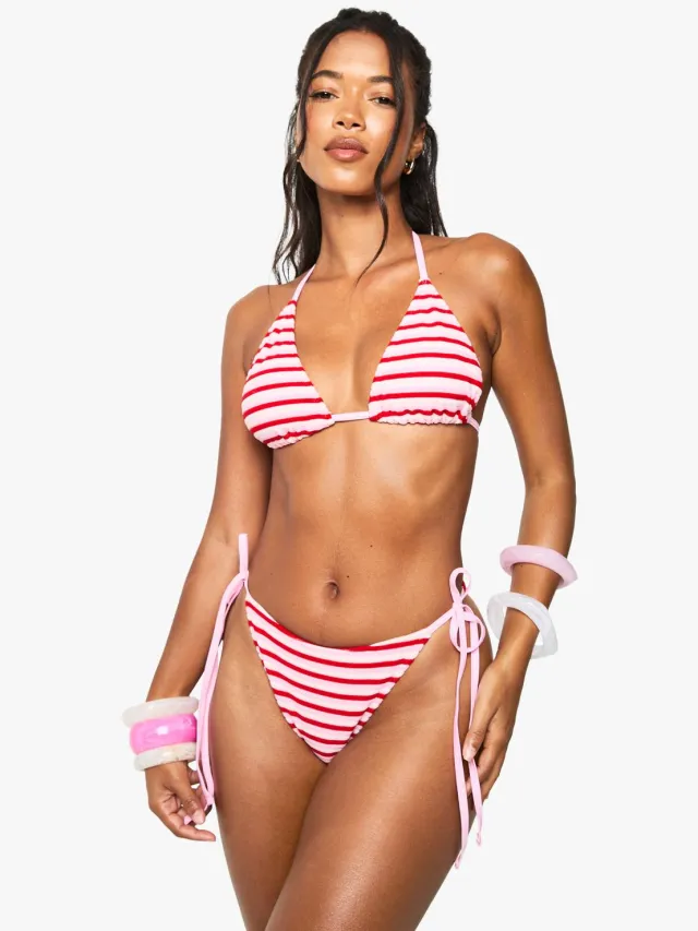 boohoo Dames Stripe Towelling Driehoek Bikini Top & Tie Side Bikini Bottoms Set Roze