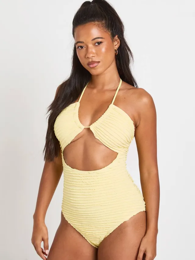 boohoo Dames Gestructureerd Badpak Met Halternek En Cut-out Citroen