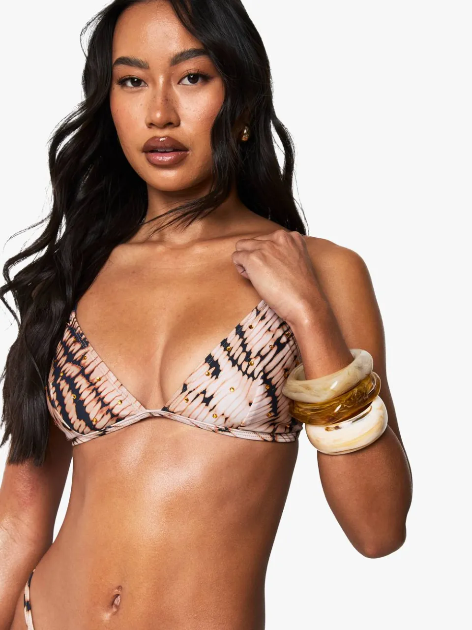 boohoo Dames Premium Zwem Tie Dye Hot Fix Driehoek Bikini Top bruin, foto 5