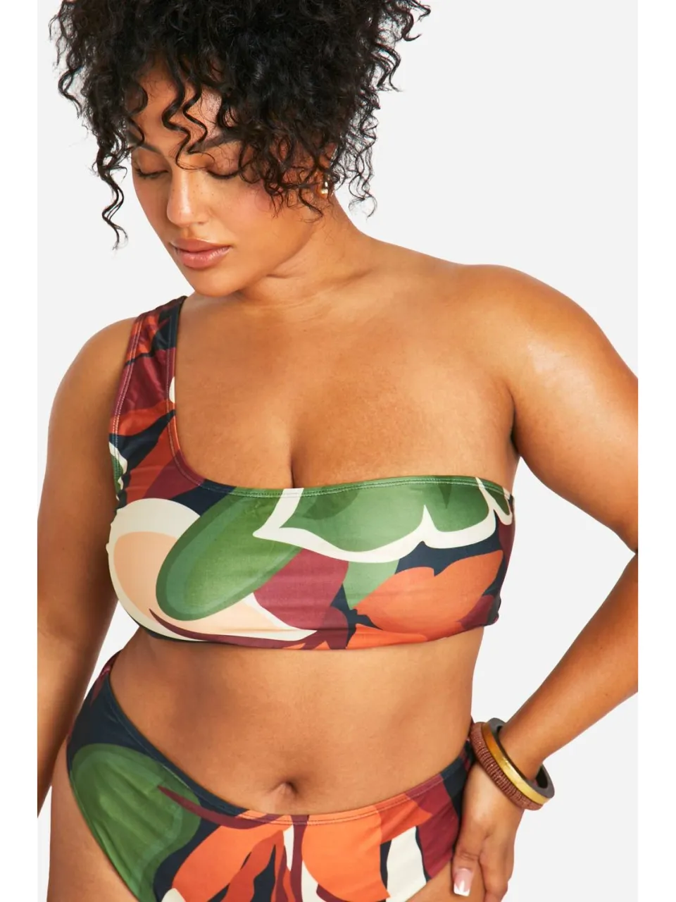 boohoo Dames Plus Tropical One-Shoulder Bikini multicolor, foto 4