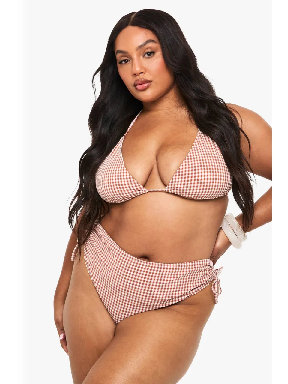 boohoo Dames Plus Seersucker Gingham Geruched Hoge Taille Slip Chocoladebruin