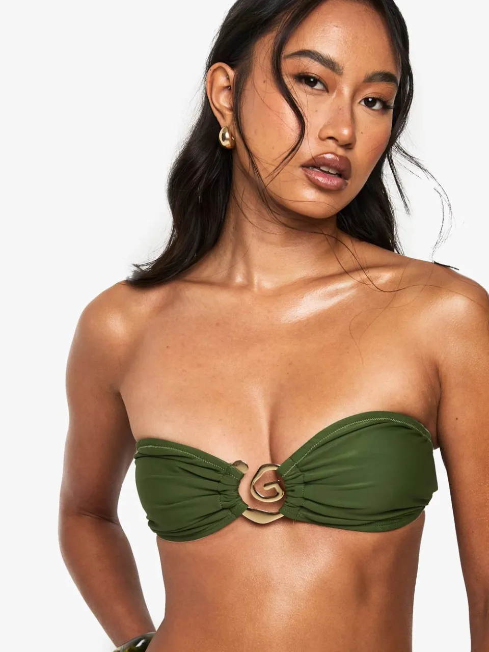 boohoo Dames Premium Swim Swirl Trim Bandeau Bikini Top kaki, foto 4