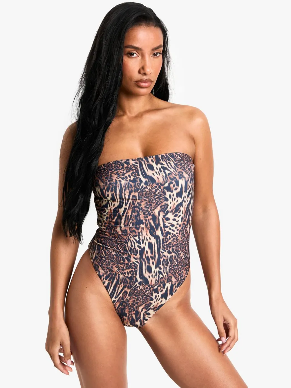 boohoo Dames Petite Zwemkleding Essentials Luipaard Bandeau Badpak bruin, foto 3