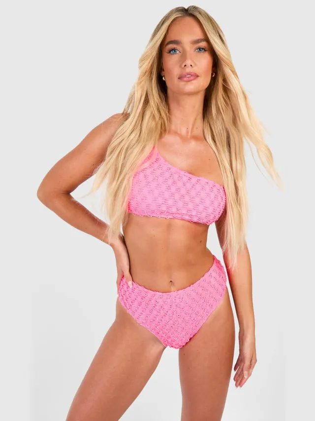 boohoo Dames Textured High Waisted Bikini Brief fel roze, foto 3