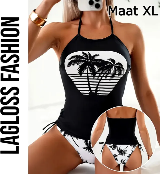 LaGloss Tankini Set Zwart Wit Palmbomen – 2-Delige Badmode met High-Waist & Strikdetail –