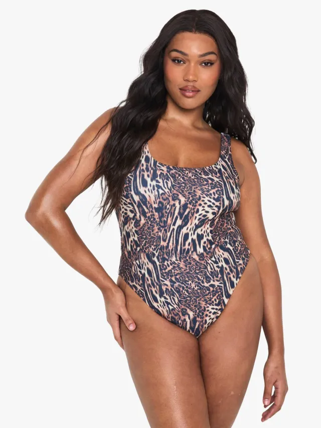 boohoo Dames Plus Swimwear Essentials Luipaard Vierkante Hals Badpak Luipaardprint