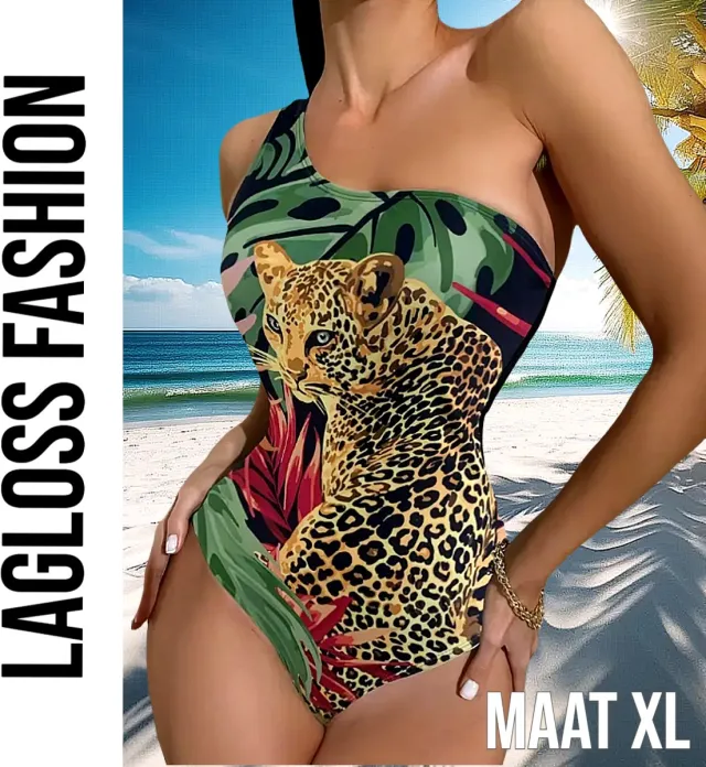 LaGloss Badpak Luipaardprint – Asymmetrisch Eén-Schouder Zwempak – Trendy & Sexy – Zwart